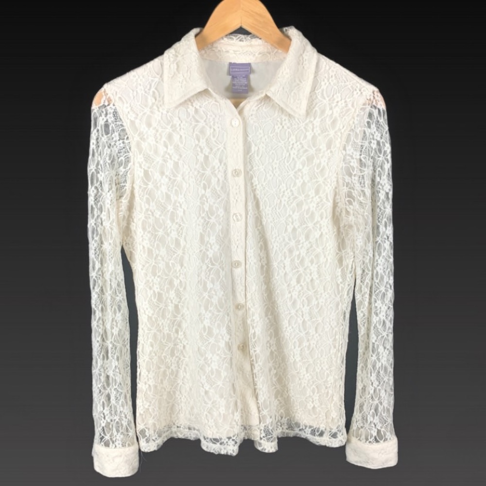 laura scott cream button lace top size small